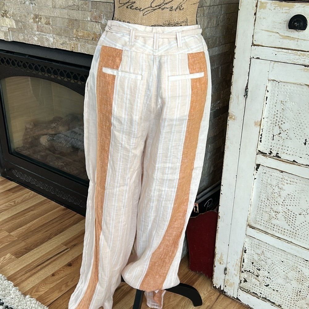 Ett:twa by Anthropologie orange stripe tie waist zip close 100% linen pants - Picture 8 of 16